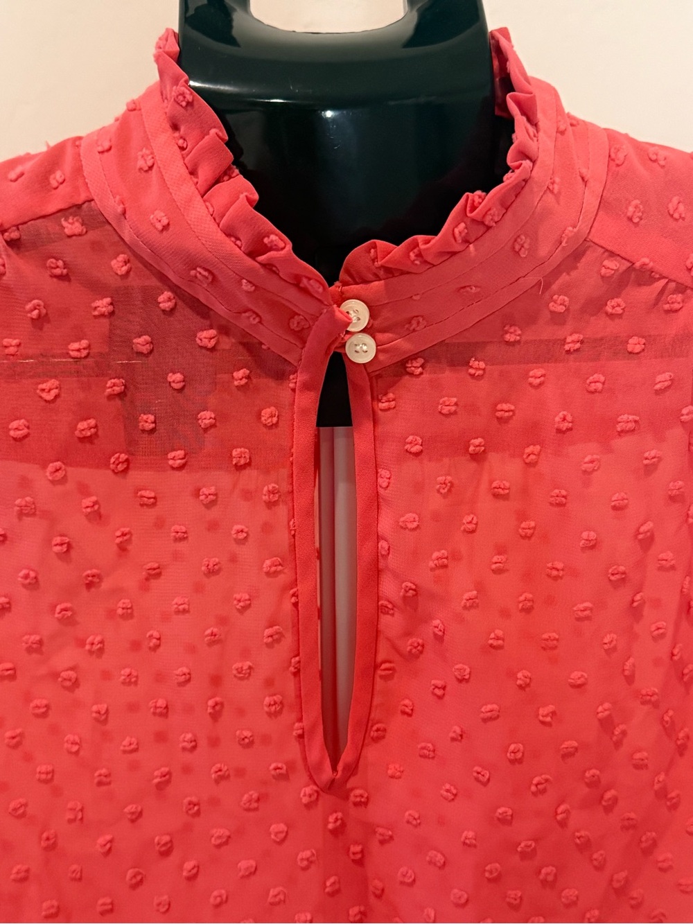 J.Crew Women’s Size 00 Coral Swiss Dot Ruffle High Neck Blouse - Picture 4 of 11